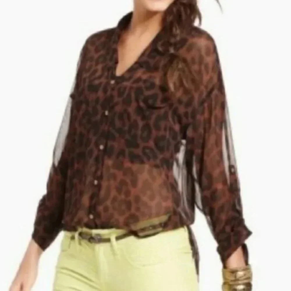 Free People Blouse Easy Rider Black Brown Leopard Print Chiffon Shirt Size Small